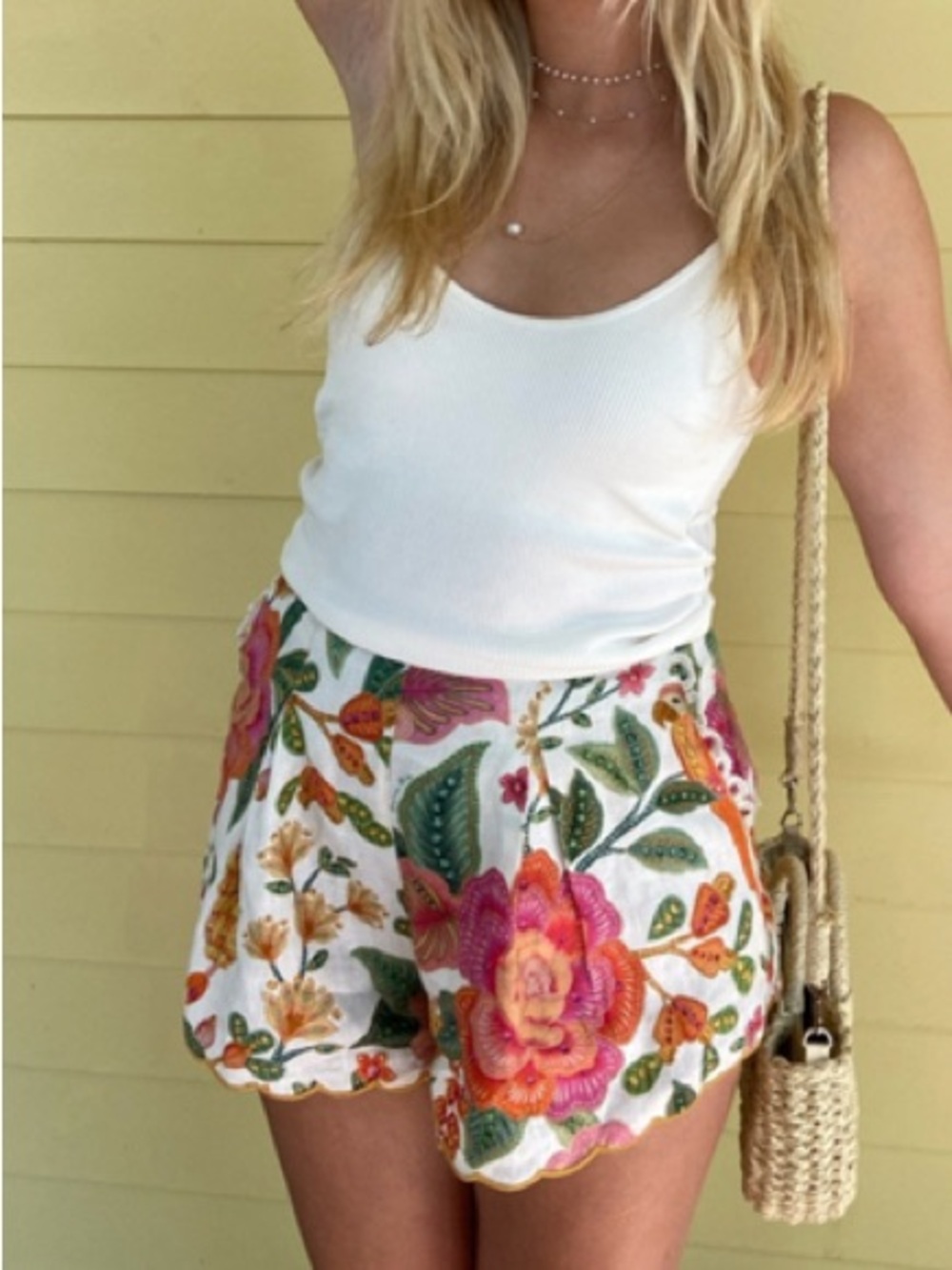 Farm Rio Macaw Bloom Scalloped Linen Shorts